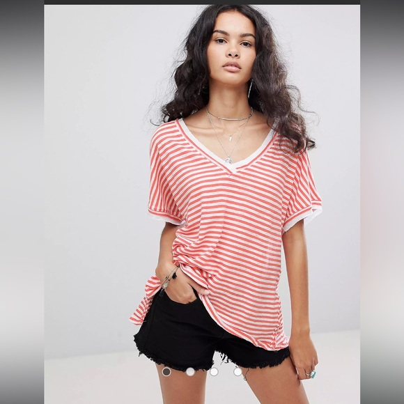 Free People Tops - Free People Take Me Striped Tee Orange V-Neck Top Women’s Size XSmall